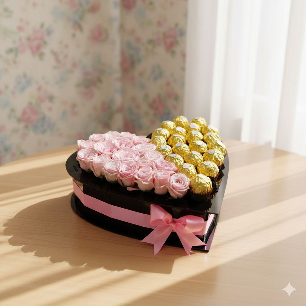 Heart shape  acrylic box with pink flowers and chocolate