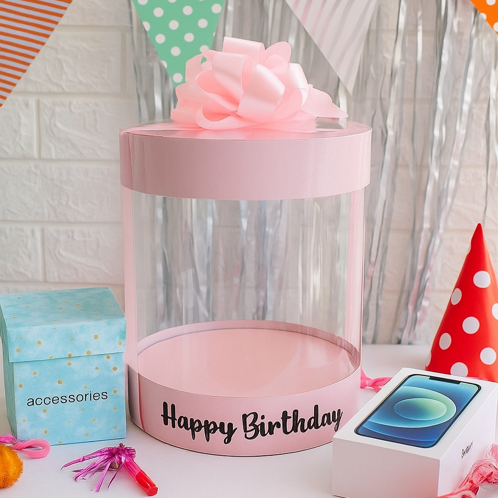 Rounded pink gifts and flowers box