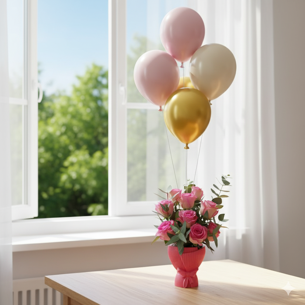 Vase pink color with flowers and balloons