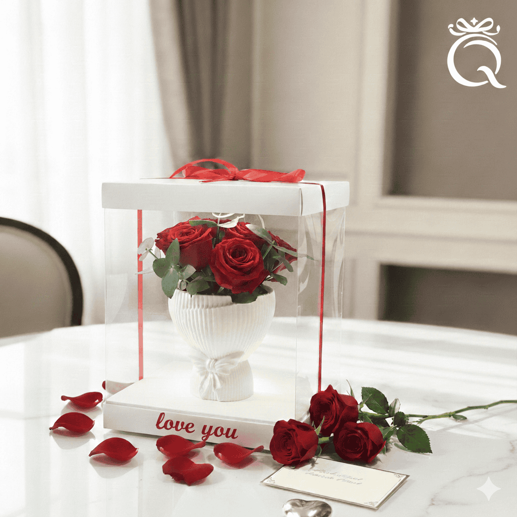 Gypsun vase with flowers and box