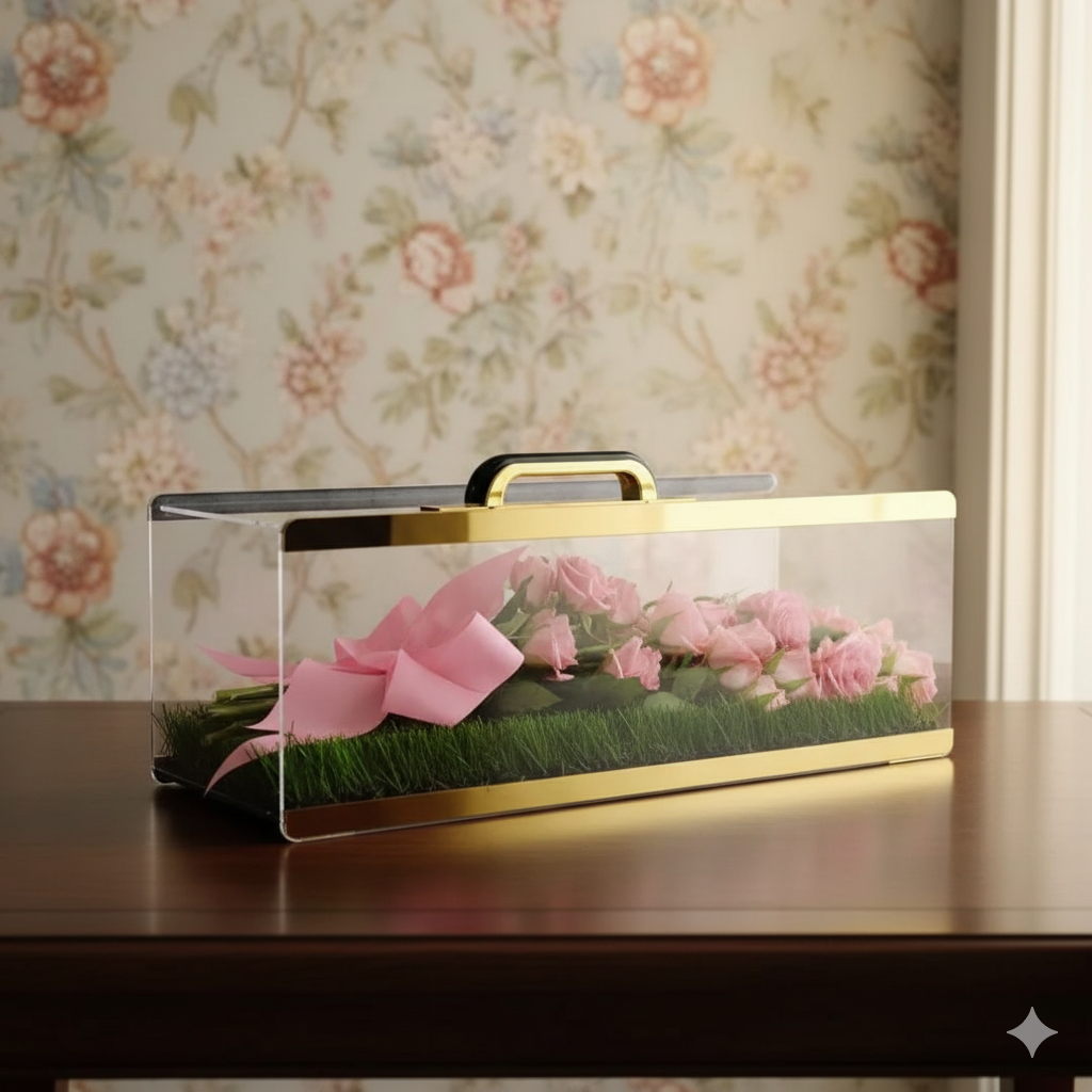 Acrylic bag with money card and red flowers bouquet