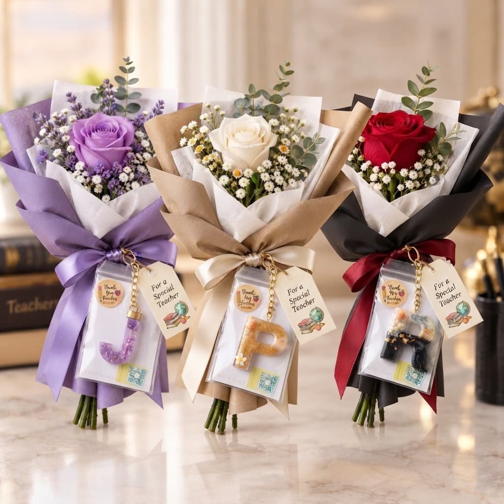 set of 3 flowers bouquet with keychain letter teachers day